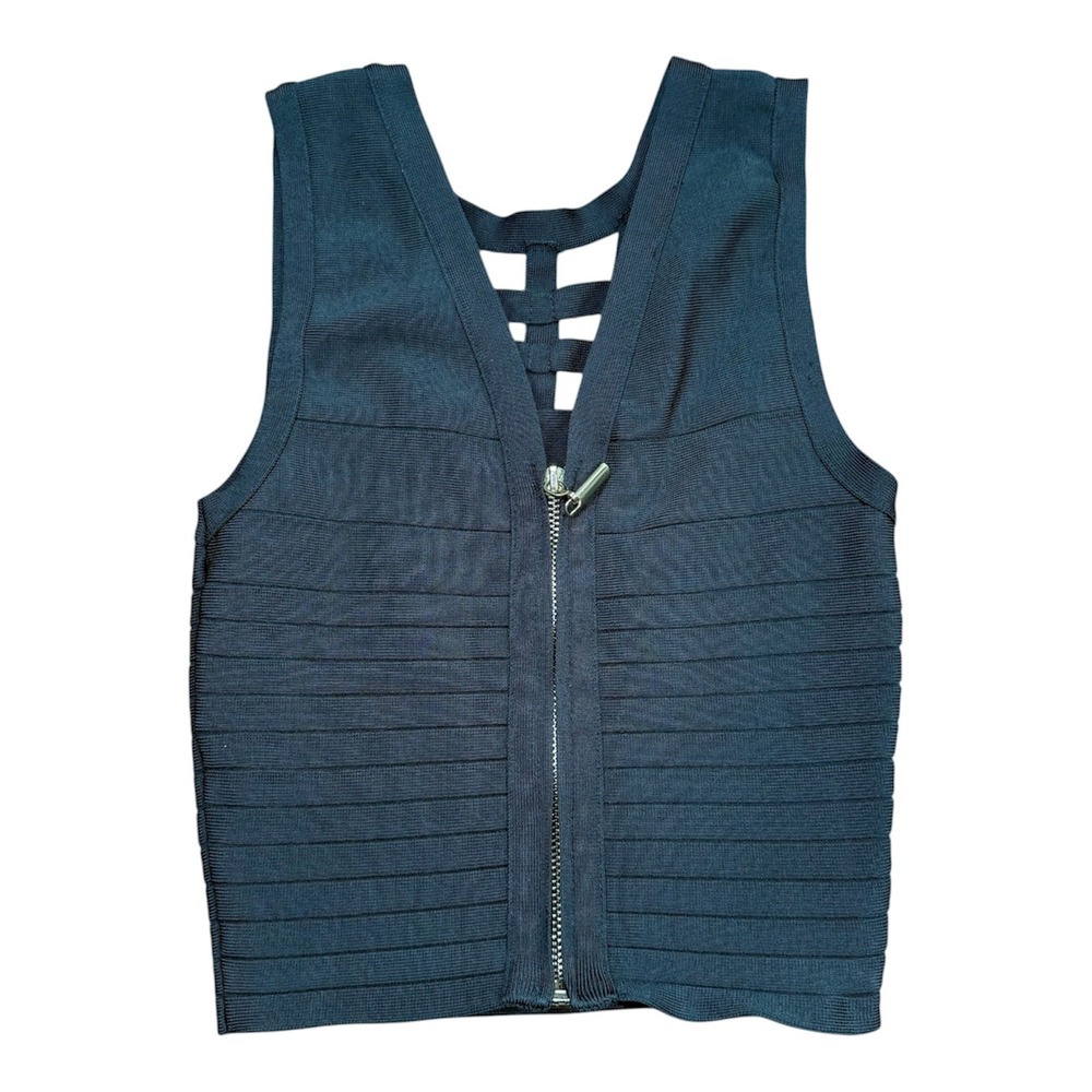 Bebe Scarab Dark Green Bandage Zip Front Cage Back Crop Top Vest Medium SOGFS101